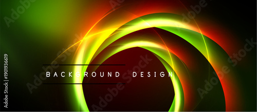 Abstract neon circles, vibrant colors blend. Dark background emphasizes glowing curves, modern design element. Text reads background design.