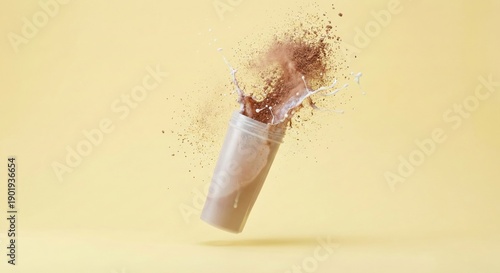Exploding protein powder container in mid-air against a yellow backdrop, creating a dynamic and energetic scene