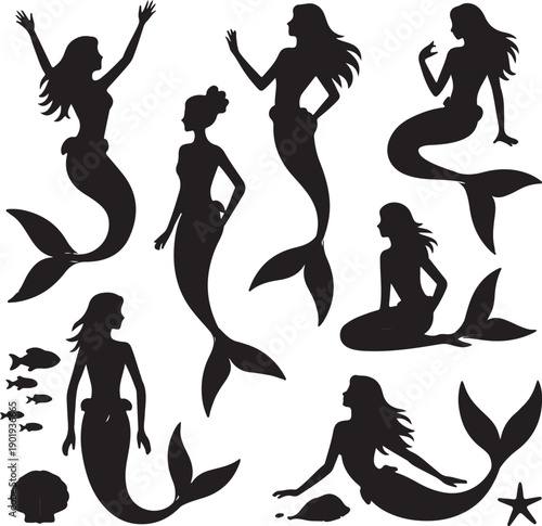 set of black silhouette mermaids in different poses and sea creatures