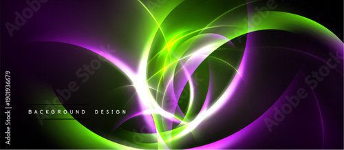 Abstract design features vibrant purple, green curves. Dynamic light effects create flowing energy, modern aesthetic. Background suitable for digital projects.