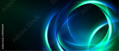 Abstract neon lights form swirling circles. Dark background creates dramatic visual effect. Bright turquoise glows radiate energy.
