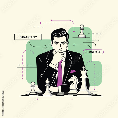 Businessman playing chess contemplating strategy and making smart moves.
