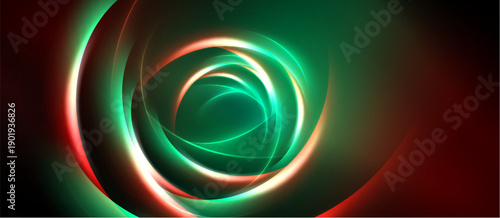 Abstract swirls, vibrant green, red hues blend. Circular motion creates dynamic visual effect. Dark background emphasizes luminosity.