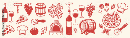 Italian food and wine collection features pizza, wine barrels, and grapes in a red culinary sketch style.