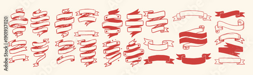 Vintage ribbon and banner set features scrolls and text placeholders in a red decorative sketch style.