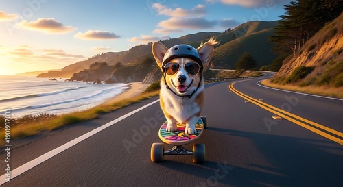 Wallpaper Mural Corgi on Skateboard at Sunset - A Coastal Adventure. Torontodigital.ca