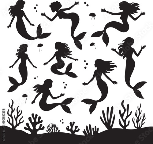 set of black silhouette mermaids swimming underwater with seaweed and bubbles