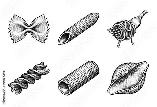 Vintage hand drawn set of assorted italian pasta shapes featuring farfalle penne fusilli and spaghetti in detailed woodcut engraving style.