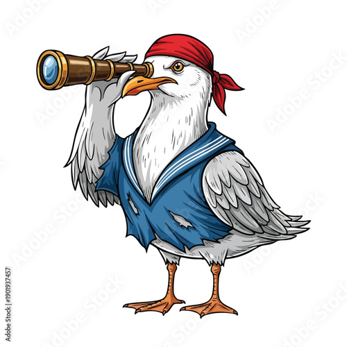 Cartoon seagull pirate with spyglass looking for adventure.