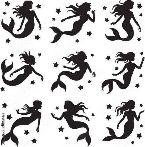 set of black silhouette mermaids swimming with stars