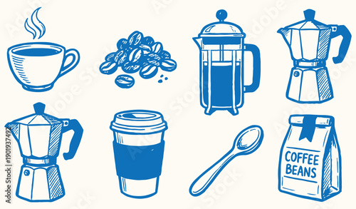 Coffee shop element set features moka pots, french presses, and beans in a blue ink illustration style.