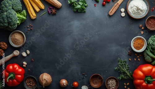 A variety of fresh vegetables and spices arranged on a dark surface for cooking or recipe purposes.