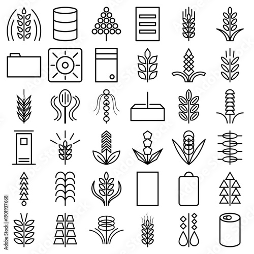 Agriculture and business data management icon set. Vector pictograms of wheat stalks, grain silos, folders, seeds, documents, and plants, thin outline illustration.