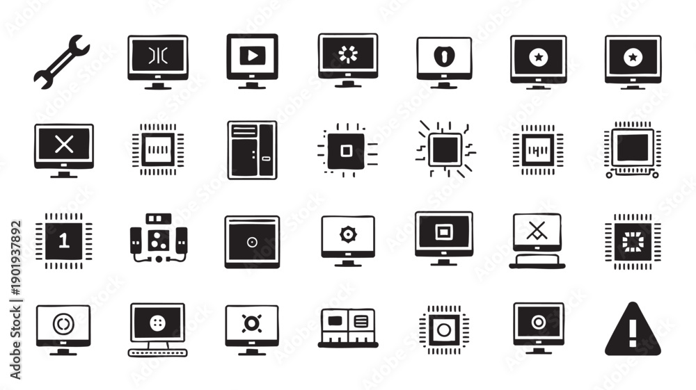 Fototapeta premium Computer Error Icons Set with Warning Signs and Monitors