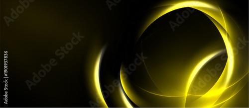 Abstract golden swirls over black background. Dynamic curves create luminous effect, suggesting energy, motion, depth. Minimalist design.