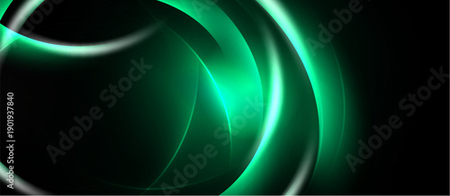 Abstract green lines, curves, layers create dynamic visual effect. Dark background emphasizes bright glowing shapes. Modern design.