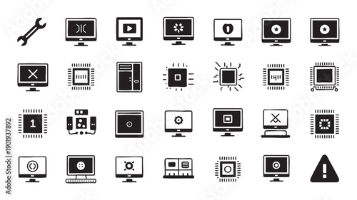Computer Error Icons Set with Warning Signs and Monitors