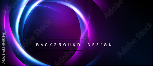 Abstract neon circles over dark background. Vibrant purple, blue hues create modern design element. Text reads background design.