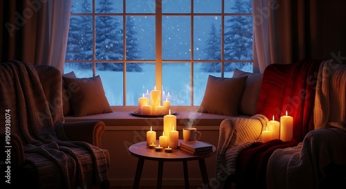 Wallpaper Mural Cozy Winter Night - Candles and Snow-Covered Trees Outside the Window. Torontodigital.ca