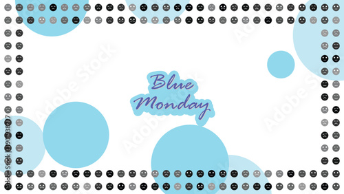 Clean Flat Design Blue Monday Emotional Background with Sad Face Emoticons Frame Pattern Light Blue Circular Shapes and Empty Center Space for Web and Social Content