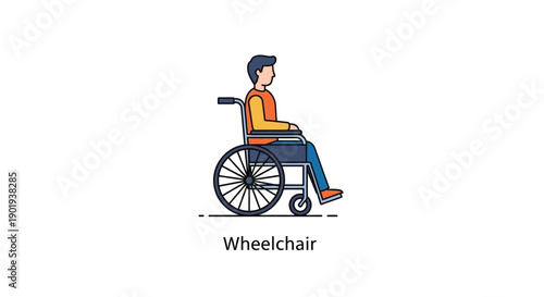 Illustration of a person using a wheelchair with the word wheelchair below