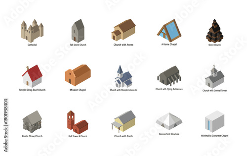 Isometric collection of diverse religious architecture featuring cathedrals, chapels, and traditional stone churches in a clean 3D flat design style.