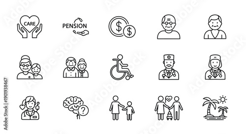 Retirement and elderly care line icons set with various symbols