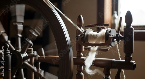 Wallpaper Mural Antique spinning wheel in operation, creating yarn with wool. Torontodigital.ca