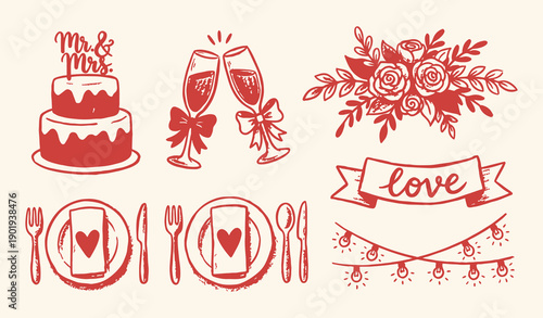 Wedding and romantic dinner set includes cake, champagne glasses, and floral decor in a red doodle style.