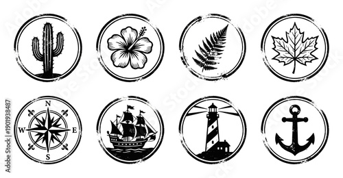 Rustic Linocut Botanical and Nautical Circular Poster Collection for Coastal Adventure Branding