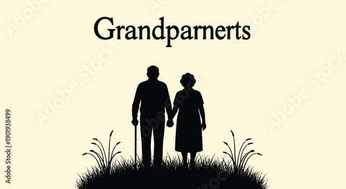 Silhouette of an elderly couple holding hands with the word grandparents