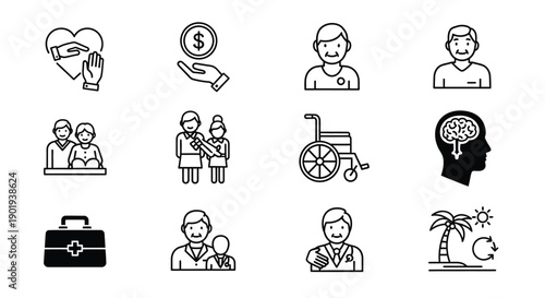 Healthcare icons depicting medical assistance patients and well being