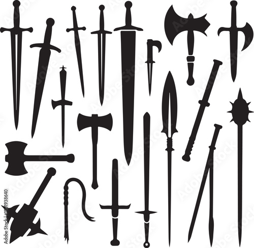 collection of medieval swords and weapons on white background