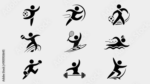 Sports Icon Collection: A dynamic collection of simple, stylized icons representing a variety of sports. These figures capture the essence of movement and athletic prowess in a minimalist.