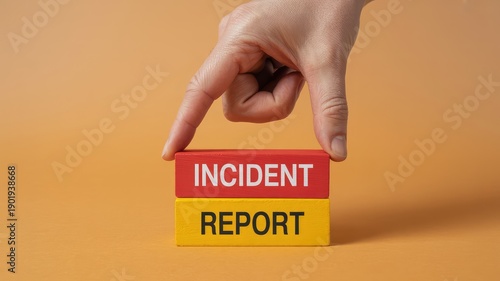 A human hand carefully places red and yellow wooden blocks spelling Incident Report on an orange background wi