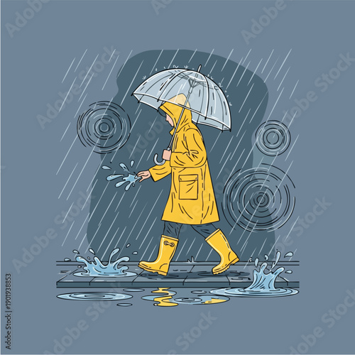 Child in yellow raincoat and boots splashing in puddles with umbrella.