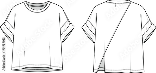 Women's Oversized T-Shirt Fashion Flat Sketch with Cuffed Sleeves and Asymmetric Back Split Vent Technical Drawing Template