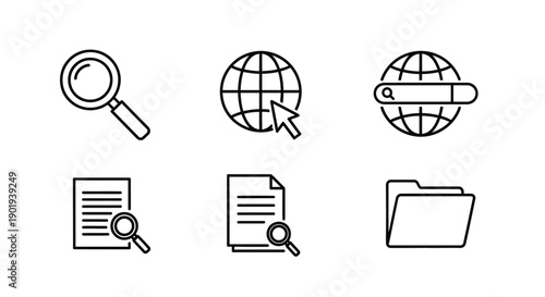 Simple black and white line icons representing search documents and folders