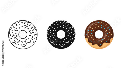 Three donuts with different toppings and glazes Vector