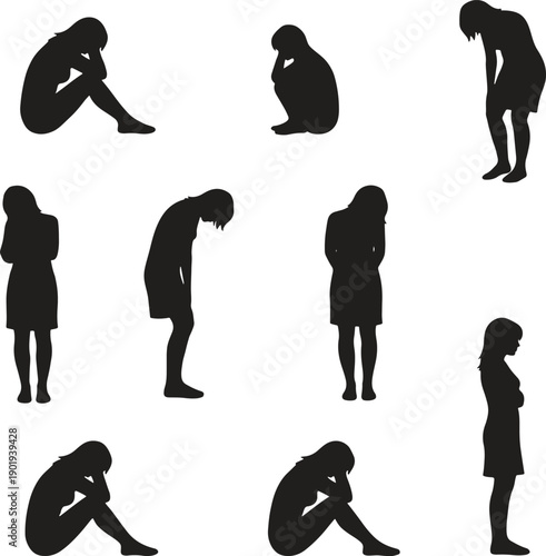 Set of sad woman silhouettes expressing depression and loneliness.