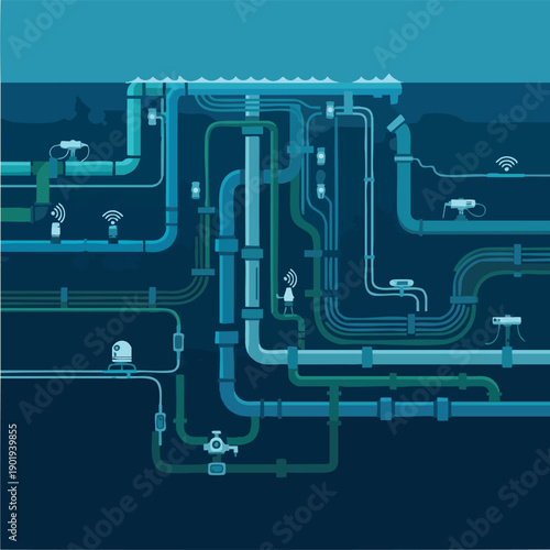 Complex Network of Interconnected Pipes and Data Flow.
