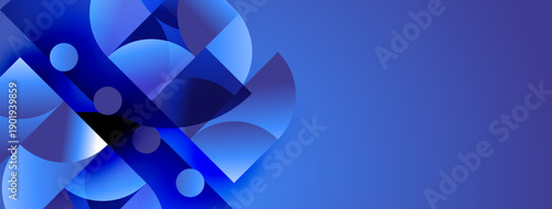 Abstract blue shapes overlap, creating dynamic composition. Gradient shades suggest depth, modern design aesthetic.