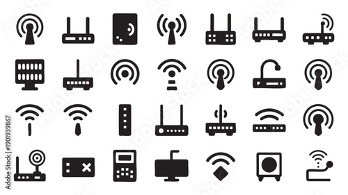 Black Wi-Fi Router Icons on White Background