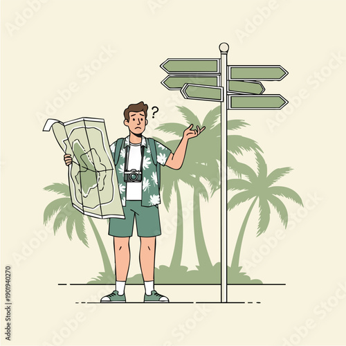 Confused male tourist with map at crossroads seeking direction for his journey.