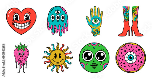 Psychedelic Cartoon Sticker Set with Retro Groovy Characters