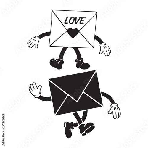 Anthropomorphic love letters in cartoon style with arms and legs walking and waving hands cheerfully