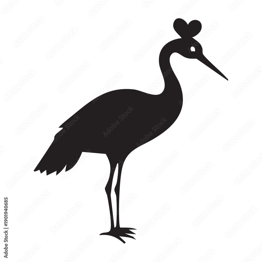 Obraz premium Crane bird with heart shaped crown silhouette on transparent background vector