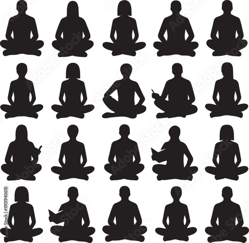 silhouette of people sitting in various yoga poses on white background