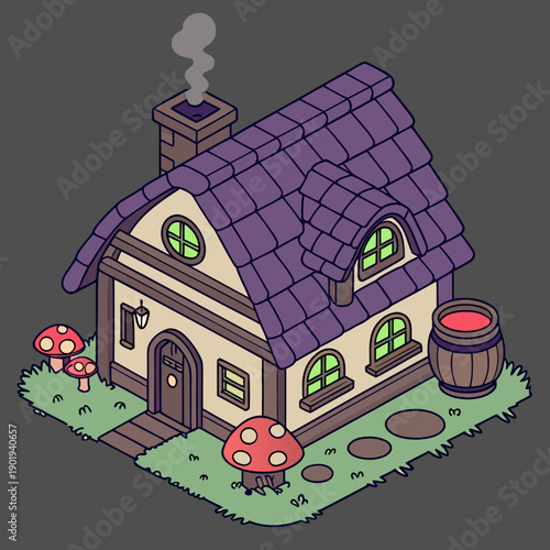 Observing a cozy cottage with purple roof, brown door, whimsical mushrooms and a barrel, rendered in isometric pixel art within a tranquil meadow