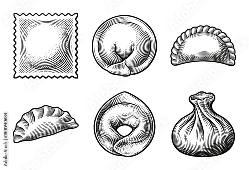 Set of assorted dumpling varieties and stuffed pasta shapes in vintage woodcut engraving style
